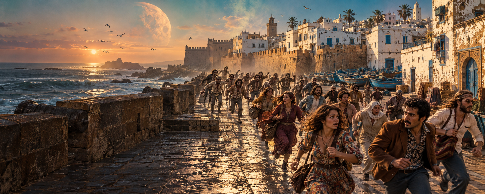 Locals and hippie-trail travelers flee a pursuing zombie pack along Essaouira's Atlantic ramparts beneath an oversized moon.